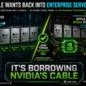 Infographic: Apple plans return to enterprise servers by 2029 with M8 Ultra inference chips, evaluating Nvidia NVLink Fusion to connect four dies as one system for coherent memory and low latency, ending 15-year Xserve absence