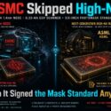Infographic comparing TSMC's A14 node using 0.33-NA EUV and six-inch photomasks versus the next-generation High-NA mask standard co-developed with ASML using twelve-inch photomasks targeting 2030 HVM, with text stating TSMC publicly downplayed High-NA needs while still signing onto the new mask infrastructure standard