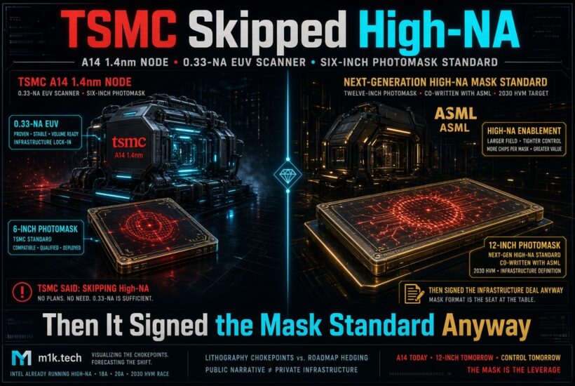 Infographic comparing TSMC's A14 node using 0.33-NA EUV and six-inch photomasks versus the next-generation High-NA mask standard co-developed with ASML using twelve-inch photomasks targeting 2030 HVM, with text stating TSMC publicly downplayed High-NA needs while still signing onto the new mask infrastructure standard