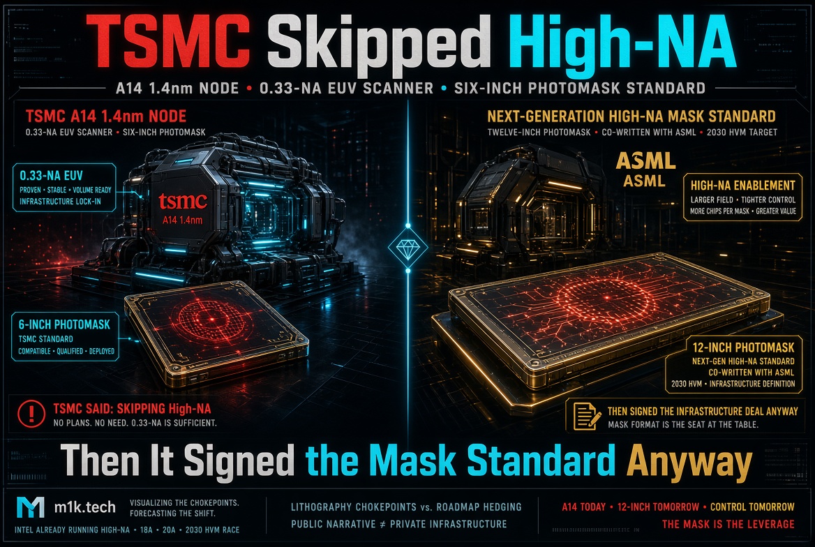 Infographic comparing TSMC's A14 node using 0.33-NA EUV and six-inch photomasks versus the next-generation High-NA mask standard co-developed with ASML using twelve-inch photomasks targeting 2030 HVM, with text stating TSMC publicly downplayed High-NA needs while still signing onto the new mask infrastructure standard
