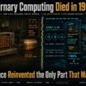 Infographic comparing 1958 Setun ternary computer, cancelled in 1965, to 2026 AI inference using BitNet b1.58 ternary weights (-1/0/+1) for energy-efficient, multiplier-free computation via a Kyber-Class Rack, noting memory bandwidth exceeds 80% of inference energy