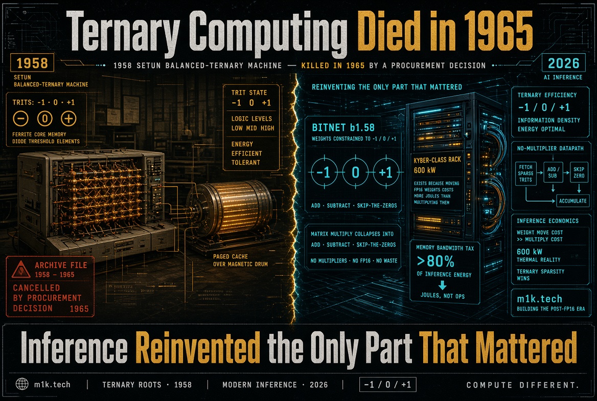 Infographic comparing 1958 Setun ternary computer, cancelled in 1965, to 2026 AI inference using BitNet b1.58 ternary weights (-1/0/+1) for energy-efficient, multiplier-free computation via a Kyber-Class Rack, noting memory bandwidth exceeds 80% of inference energy