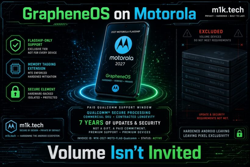 Infographic: GrapheneOS on 2027 Motorola flagship offers flagship-only support, memory tagging extension, and secure element protection, backed by 7 years of paid Qualcomm secure processing support. Volume devices like Moto G and E series are excluded for not meeting update and security requirements, ending Pixel exclusivity for hardened Android. Tagline: Volume Isn't Invited, from m1k.tech