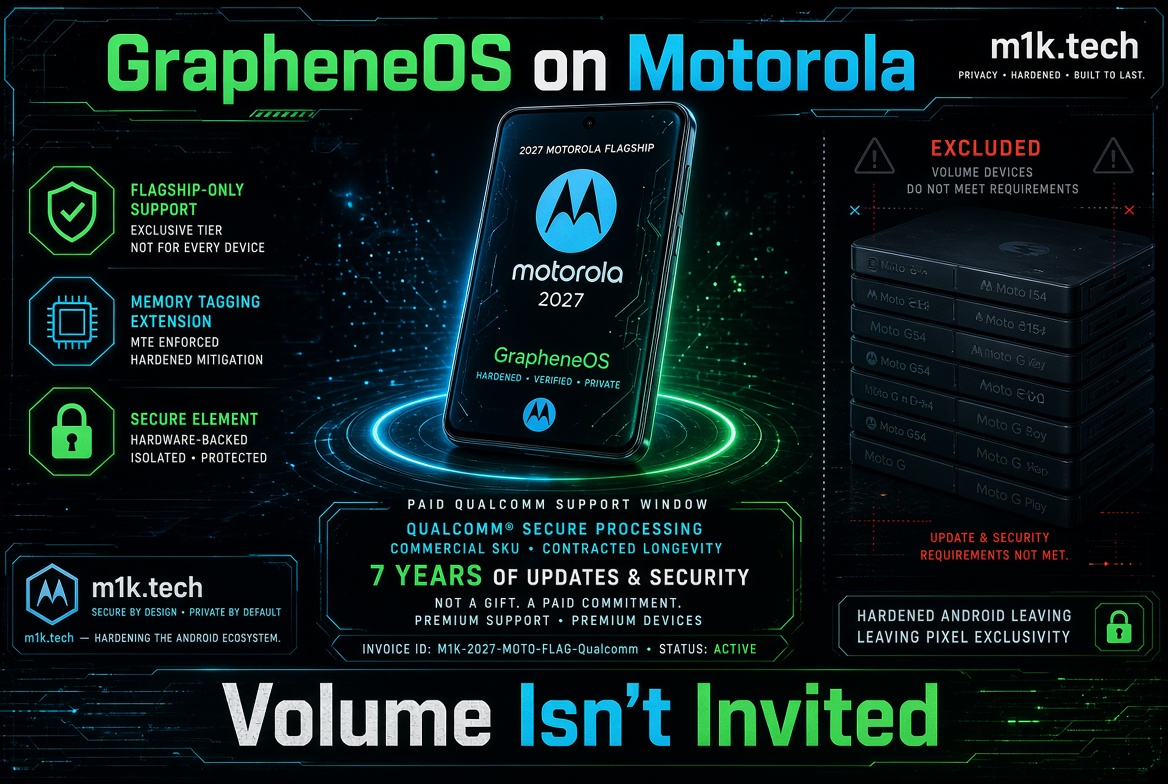Infographic: GrapheneOS on 2027 Motorola flagship offers flagship-only support, memory tagging extension, and secure element protection, backed by 7 years of paid Qualcomm secure processing support. Volume devices like Moto G and E series are excluded for not meeting update and security requirements, ending Pixel exclusivity for hardened Android. Tagline: Volume Isn't Invited, from m1k.tech