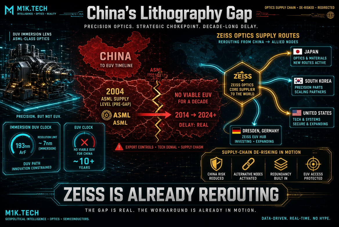 Infographic: China's EUV lithography gap since 2004 has no viable solution for a decade (2014-2024+) due to export controls. Zeiss, core optics supplier, is rerouting supply chains from China to Japan, South Korea, and the US, with its Dresden, Germany hub investing and expanding. De-risking steps include reduced China risk, activated alternative nodes, built-in redundancy, and protected EUV access. DUV immersion stays at 193nm/~7nm resolution limit; no viable EUV for China in ~10+ years