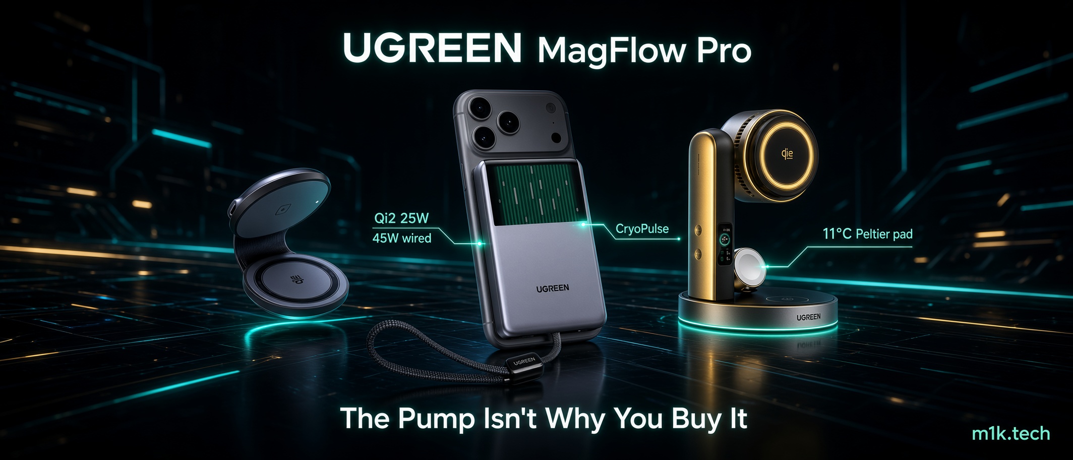 UGREEN MagFlow Pro chargers with labels for Qi2 25W, 45W wired, CryoPulse cooling, and 11°C Peltier pad; tagline "The Pump Isn't Why You Buy It