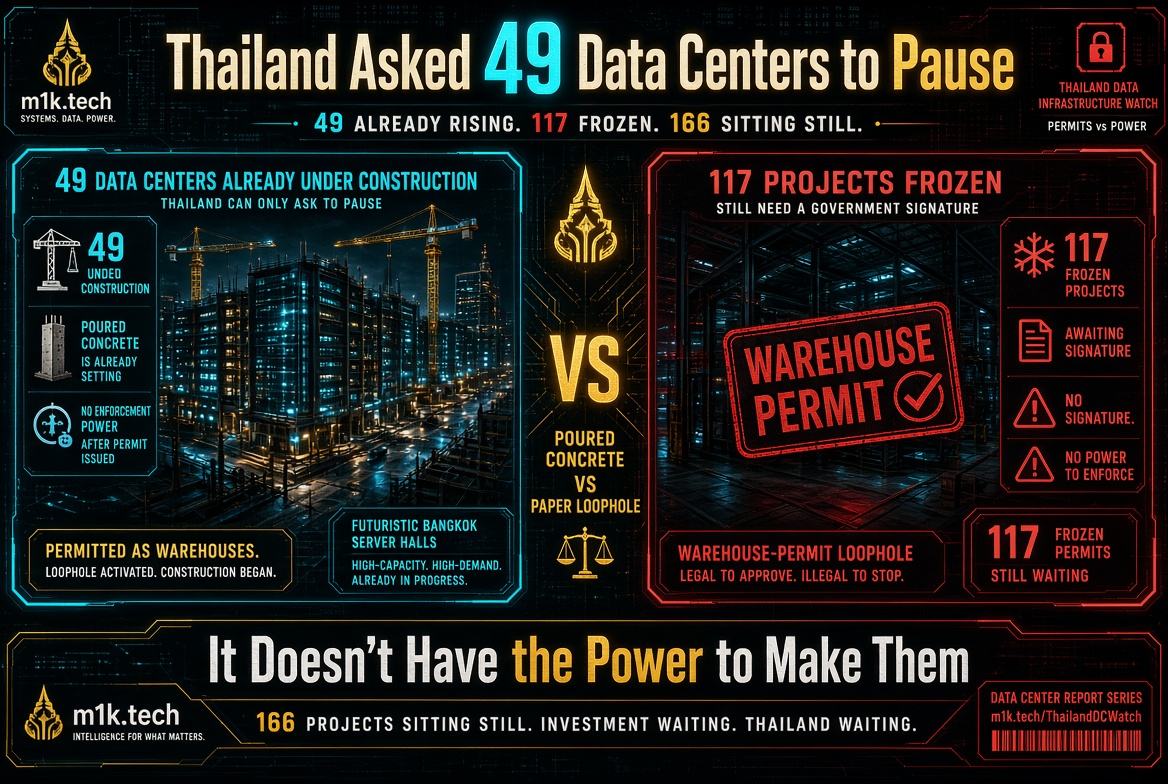 Infographic: Thailand asked 49 data centers to pause; 49 already under construction with no enforcement power since permitted as warehouses, 117 projects frozen awaiting government signature via warehouse-permit loophole, 166 total projects sitting still with investment waiting