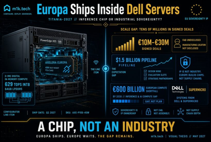 Infographic: Axelera Europa AI chip (629 TOPS INT8) ships as a PCIe card in Dell PowerEdge XE5 servers, Q2 2027. Signed deals €10M-€30M with undisclosed fab; $1.5B pipeline of design wins and partnerships; Europe faces a €600B compute shortfall by 2030. Conclusion: sovereignty is IP ownership, not fab, assembly, or supply chain—it's a chip, not an industry