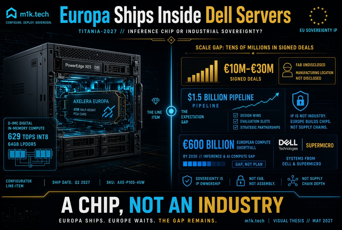 Infographic: Axelera Europa AI chip (629 TOPS INT8) ships as a PCIe card in Dell PowerEdge XE5 servers, Q2 2027. Signed deals €10M-€30M with undisclosed fab; $1.5B pipeline of design wins and partnerships; Europe faces a €600B compute shortfall by 2030. Conclusion: sovereignty is IP ownership, not fab, assembly, or supply chain—it's a chip, not an industry