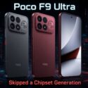 Poco F9 Ultra in gray and red, with Snapdragon 8 Elite Gen 5 chip data graphics, text reads Skipped a Chipset Generation