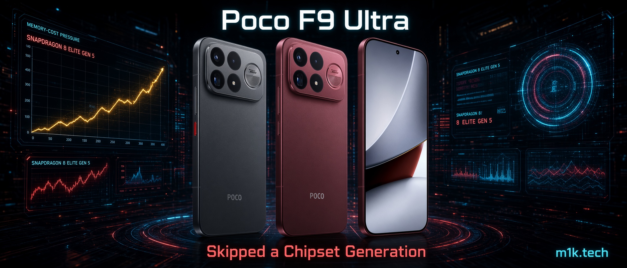 Poco F9 Ultra in gray and red, with Snapdragon 8 Elite Gen 5 chip data graphics, text reads Skipped a Chipset Generation