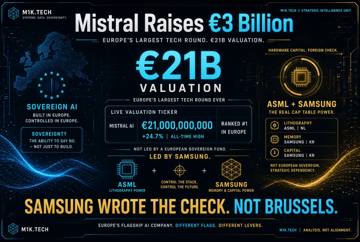 Infographic: Mistral raises €3B at €21B valuation, Europe's largest tech round, led by ASML and Samsung rather than a European sovereign fund, highlighting foreign strategic dependency over EU sovereignty
