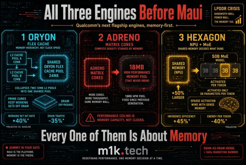 Infographic on Qualcomm's three engines before Maui, all memory-focused: Oryon Flex Cache merges two 12MB L2 pools into a 24MB shared pool (+40% working set hit rate, -35% DRAM traffic); Adreno Matrix Cores paired with an 18MB high-performance memory pool unchanged since prior generation, showing performance ceiling is memory capacity not clocks; Hexagon NPU with 50% larger shared memory activates only 3B of 50B MoE parameters per token (+45% inference efficiency, -40% energy per token). Sidebar notes LPDDR crisis (bandwidth wall, power wall, memory tax) and SRAM-as-DRAM-hedge vs 5GHz marketing. Tagline: Every one of them is about memory. m1k.tech, redefining performance one memory decision at a time. Summit in four days