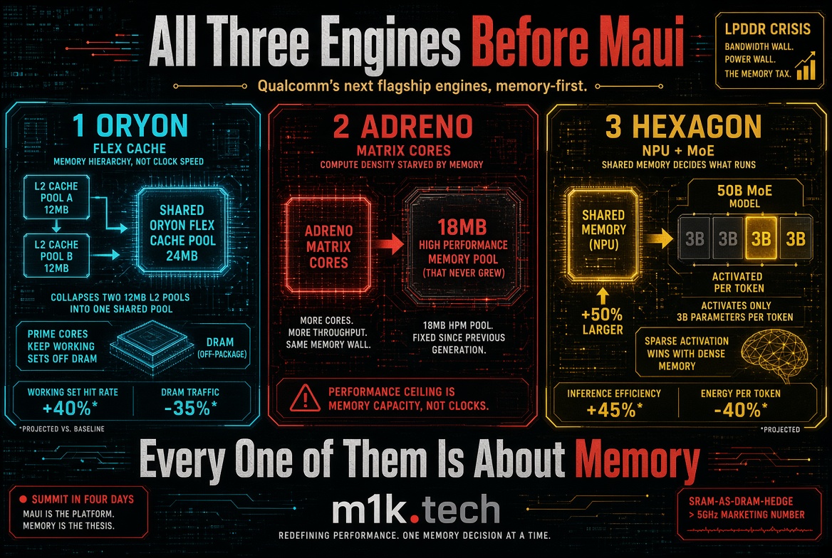 Infographic on Qualcomm's three engines before Maui, all memory-focused: Oryon Flex Cache merges two 12MB L2 pools into a 24MB shared pool (+40% working set hit rate, -35% DRAM traffic); Adreno Matrix Cores paired with an 18MB high-performance memory pool unchanged since prior generation, showing performance ceiling is memory capacity not clocks; Hexagon NPU with 50% larger shared memory activates only 3B of 50B MoE parameters per token (+45% inference efficiency, -40% energy per token). Sidebar notes LPDDR crisis (bandwidth wall, power wall, memory tax) and SRAM-as-DRAM-hedge vs 5GHz marketing. Tagline: Every one of them is about memory. m1k.tech, redefining performance one memory decision at a time. Summit in four days