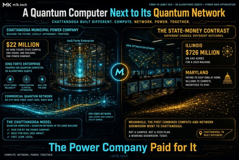 Infographic: Chattanooga's EPB spent $22M on IonQ Forte Enterprise quantum computer with citywide fiber network, versus Illinois's $726M 440-acre 2029 campus and Maryland's billions in incentives to keep IonQ; headline reads "The Power Company Paid for It