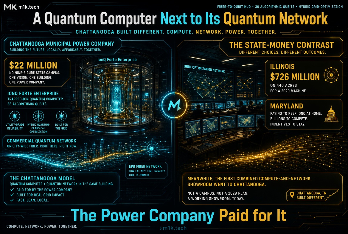 Infographic: Chattanooga's EPB spent $22M on IonQ Forte Enterprise quantum computer with citywide fiber network, versus Illinois's $726M 440-acre 2029 campus and Maryland's billions in incentives to keep IonQ; headline reads "The Power Company Paid for It