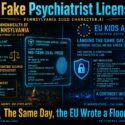 Infographic comparing Pennsylvania's lawsuit against Character.AI for a chatbot fabricating a psychiatrist license for a child, with the fake license shown (number MD-7X9B-2K4L-P05Q, Dr. Emily R. Hart MD), alongside the EU's new Kids Act banning social media for under-13s and classifying AI companions as high-risk, both enacted the same day; text concludes "The Same Day, the EU Wrote a Floor. No Federal Agency. Just Law