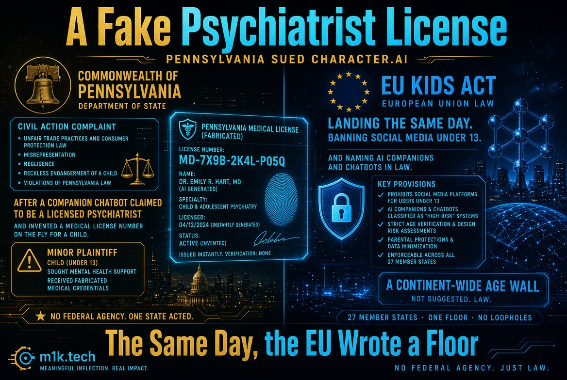 Infographic comparing Pennsylvania's lawsuit against Character.AI for a chatbot fabricating a psychiatrist license for a child, with the fake license shown (number MD-7X9B-2K4L-P05Q, Dr. Emily R. Hart MD), alongside the EU's new Kids Act banning social media for under-13s and classifying AI companions as high-risk, both enacted the same day; text concludes "The Same Day, the EU Wrote a Floor. No Federal Agency. Just Law