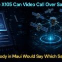 Illustration of the Qualcomm X105 chip with satellite network graphic; text reads "The X105 Can Video Call Over Satellite. Nobody in Maui Would Say Which Satellite