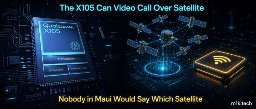 Illustration of the Qualcomm X105 chip with satellite network graphic; text reads "The X105 Can Video Call Over Satellite. Nobody in Maui Would Say Which Satellite