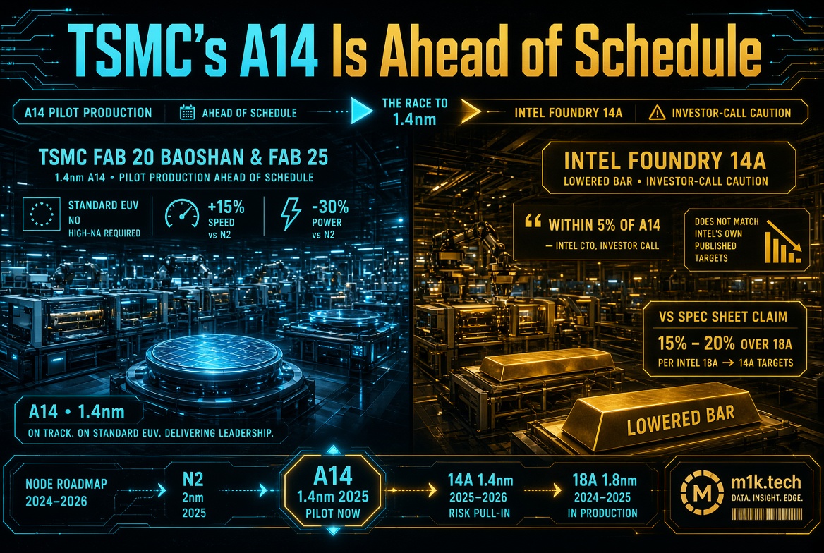 Infographic: TSMC's A14 (1.4nm) pilot production at Fab 20/25 is ahead of schedule, using standard EUV with +15% speed and -30% power vs N2. Compares to Intel Foundry 14A, called "within 5% of A14" by Intel's CTO but lowered 15-20% from Intel's own published 18A-to-14A targets. Roadmap: N2 (2025), A14 pilot now (2025), 14A 2025-2026, 18A 2024-2025 in production