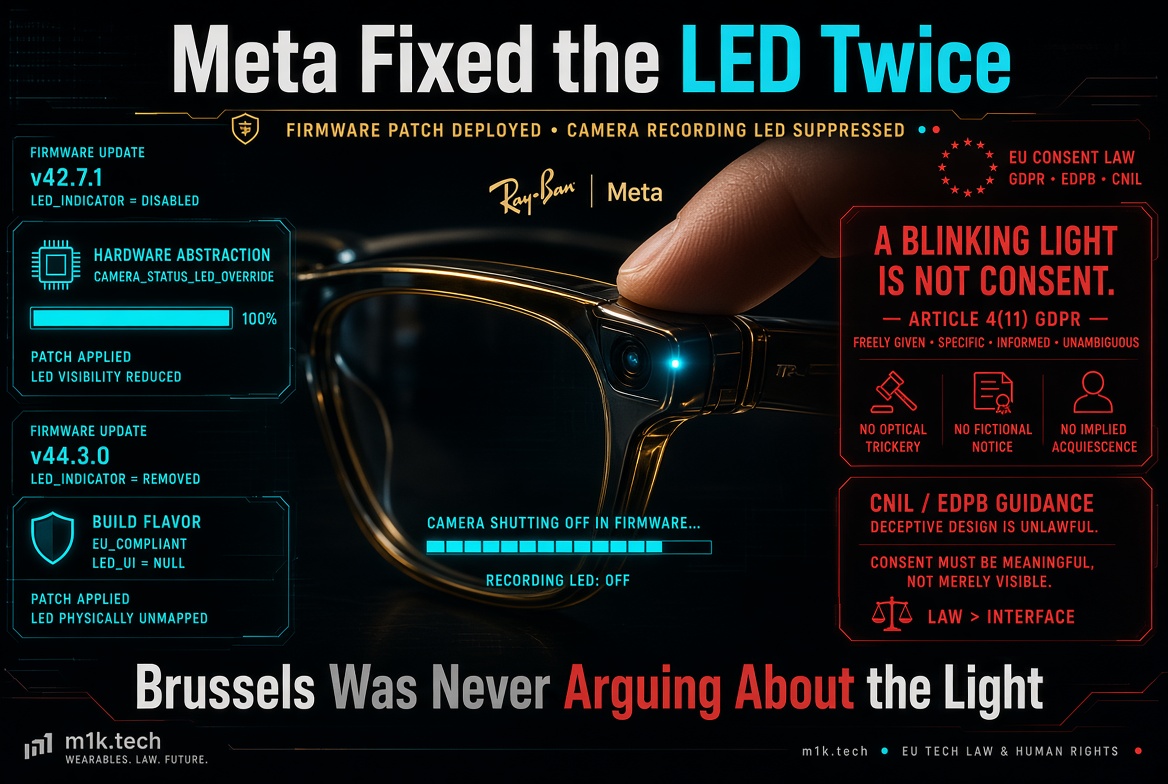 Infographic titled "Meta Fixed the LED Twice": shows Ray-Ban Meta glasses camera LED, firmware updates disabling and removing the recording indicator, and GDPR consent arguments stating a blinking light is not valid consent; concludes "Brussels Was Never Arguing About the Light