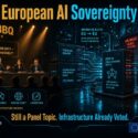 Infographic titled European AI Sovereignty: TechBBQ Copenhagen panel on EU AI sovereignty, alongside m1k.tech diagram showing EU servers, drop-in OpenAI-compatible router, GPU data center with 10,000+ H100/H200 GPUs, EU-to-EU inference routing, and control layer icons for sovereignty, compliance, routing policy, and jurisdiction, with GDPR and EU AI Act enforcement. Tagline: Still a Panel Topic. Infrastructure Already Voted. Built in Europe, governed in Europe, powered by European infrastructure