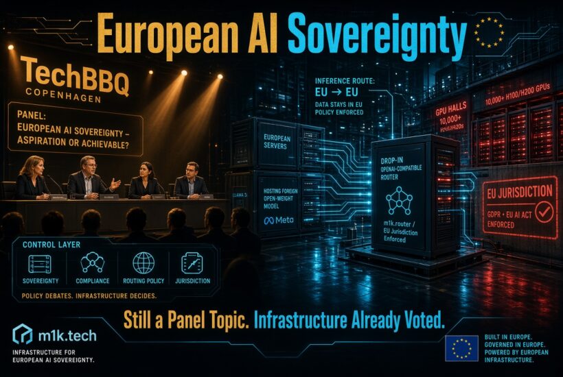 Infographic titled European AI Sovereignty: TechBBQ Copenhagen panel on EU AI sovereignty, alongside m1k.tech diagram showing EU servers, drop-in OpenAI-compatible router, GPU data center with 10,000+ H100/H200 GPUs, EU-to-EU inference routing, and control layer icons for sovereignty, compliance, routing policy, and jurisdiction, with GDPR and EU AI Act enforcement. Tagline: Still a Panel Topic. Infrastructure Already Voted. Built in Europe, governed in Europe, powered by European infrastructure