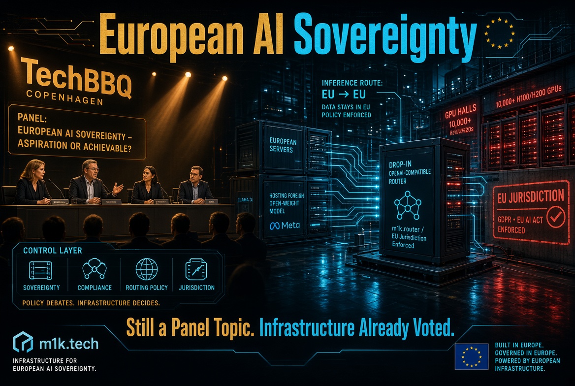 Infographic titled European AI Sovereignty: TechBBQ Copenhagen panel on EU AI sovereignty, alongside m1k.tech diagram showing EU servers, drop-in OpenAI-compatible router, GPU data center with 10,000+ H100/H200 GPUs, EU-to-EU inference routing, and control layer icons for sovereignty, compliance, routing policy, and jurisdiction, with GDPR and EU AI Act enforcement. Tagline: Still a Panel Topic. Infrastructure Already Voted. Built in Europe, governed in Europe, powered by European infrastructure
