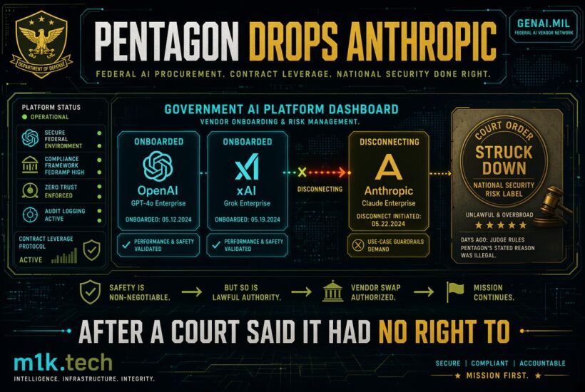 Infographic: "Pentagon Drops Anthropic." Dashboard shows OpenAI and xAI onboarded, Anthropic disconnecting after a court ruled the Pentagon's national security justification unlawful and overbroad. Steps: safety non-negotiable, lawful authority required, vendor swap authorized, mission continues. Headline: "After a court said it had no right to." Branded GENAI.MIL and m1k.tech