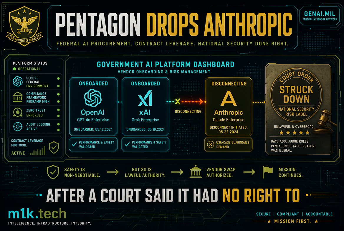 Infographic: "Pentagon Drops Anthropic." Dashboard shows OpenAI and xAI onboarded, Anthropic disconnecting after a court ruled the Pentagon's national security justification unlawful and overbroad. Steps: safety non-negotiable, lawful authority required, vendor swap authorized, mission continues. Headline: "After a court said it had no right to." Branded GENAI.MIL and m1k.tech