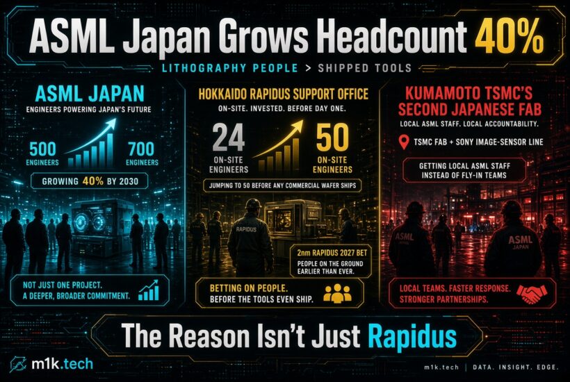 Infographic: ASML Japan grows headcount 40% to 700 engineers by 2030; Hokkaido Rapidus support office scaling from 24 to 50 on-site engineers before commercial wafer shipments; Kumamoto TSMC's second Japan fab gets local ASML staff instead of fly-in teams for faster response and stronger partnerships
