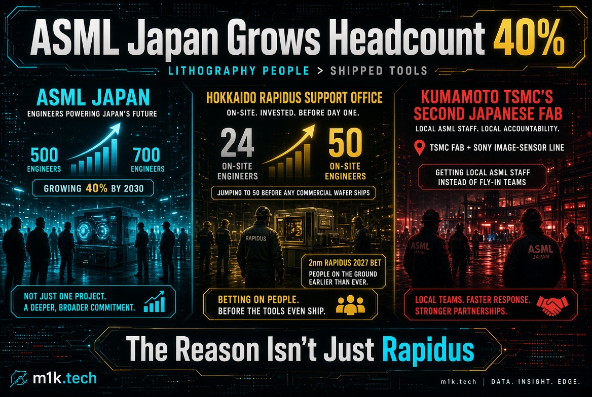 Infographic: ASML Japan grows headcount 40% to 700 engineers by 2030; Hokkaido Rapidus support office scaling from 24 to 50 on-site engineers before commercial wafer shipments; Kumamoto TSMC's second Japan fab gets local ASML staff instead of fly-in teams for faster response and stronger partnerships