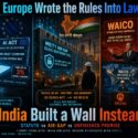 Infographic comparing three AI governance models: EU's enforceable AI Act with fines up to 3% global turnover, India's MeitY air-gap cloud sovereignty wall keeping data in-country, and China's WAICO open-source diplomacy amid domestic debate over export curbs for Qwen, Doubao, and GLM models