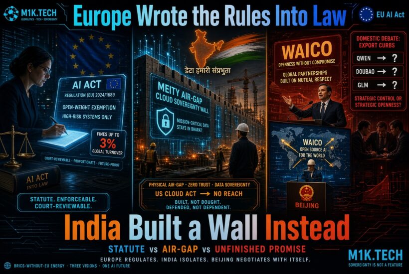 Infographic comparing three AI governance models: EU's enforceable AI Act with fines up to 3% global turnover, India's MeitY air-gap cloud sovereignty wall keeping data in-country, and China's WAICO open-source diplomacy amid domestic debate over export curbs for Qwen, Doubao, and GLM models
