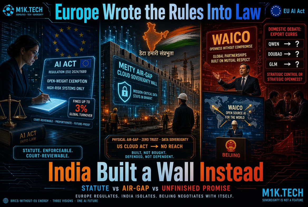 Infographic comparing three AI governance models: EU's enforceable AI Act with fines up to 3% global turnover, India's MeitY air-gap cloud sovereignty wall keeping data in-country, and China's WAICO open-source diplomacy amid domestic debate over export curbs for Qwen, Doubao, and GLM models