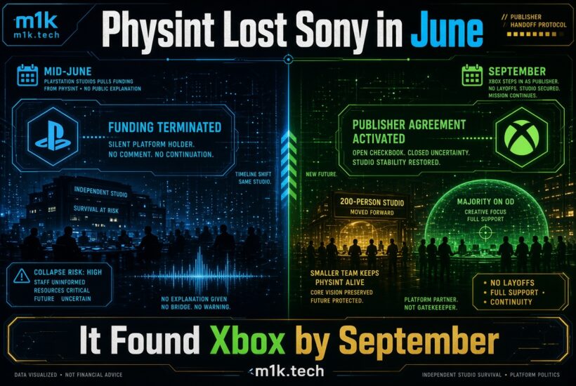 Infographic: Sony pulled Physint funding in mid-June with no explanation, risking studio collapse. Xbox stepped in as publisher by September, activating an agreement, keeping the 200-person studio intact with no layoffs and full creative support