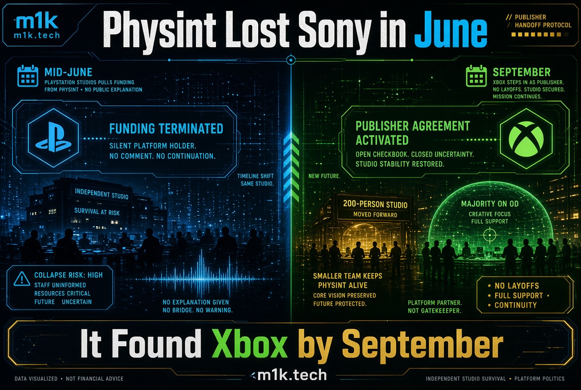 Infographic: Sony pulled Physint funding in mid-June with no explanation, risking studio collapse. Xbox stepped in as publisher by September, activating an agreement, keeping the 200-person studio intact with no layoffs and full creative support