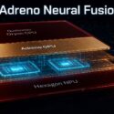 Diagram titled Adreno Neural Fusion showing stacked chip layers labeled Qualcomm Oryon CPU, Adreno GPU, and Hexagon NPU, illustrating their integration