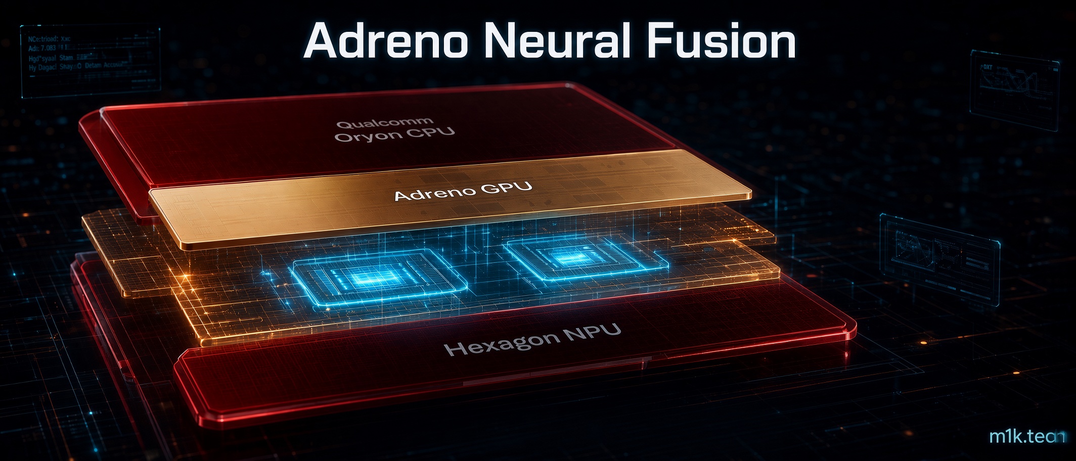 Diagram titled Adreno Neural Fusion showing stacked chip layers labeled Qualcomm Oryon CPU, Adreno GPU, and Hexagon NPU, illustrating their integration