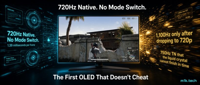 Graphic claiming a 720Hz native OLED gaming monitor with no mode switch, contrasted against rival displays needing 720p drops or TN panels too slow to keep up, showing a shooter game on screen