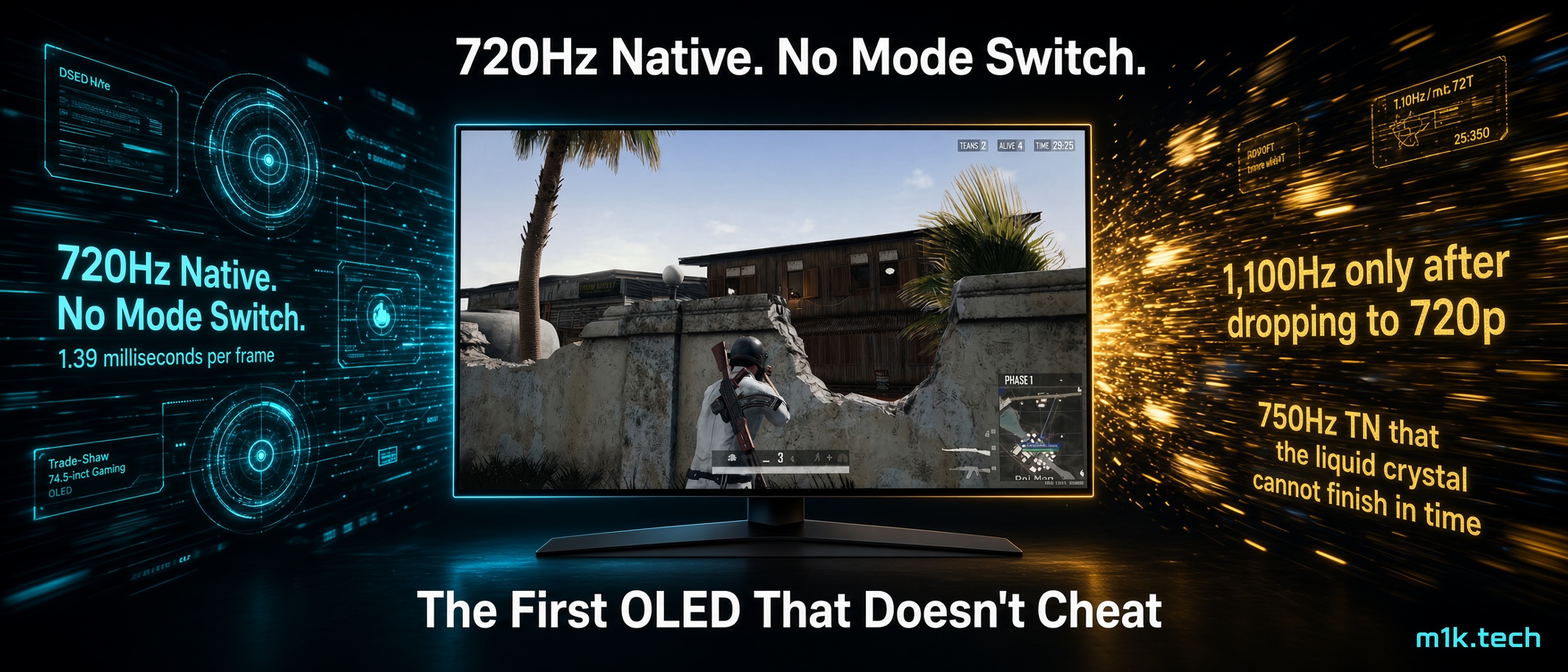 Graphic claiming a 720Hz native OLED gaming monitor with no mode switch, contrasted against rival displays needing 720p drops or TN panels too slow to keep up, showing a shooter game on screen