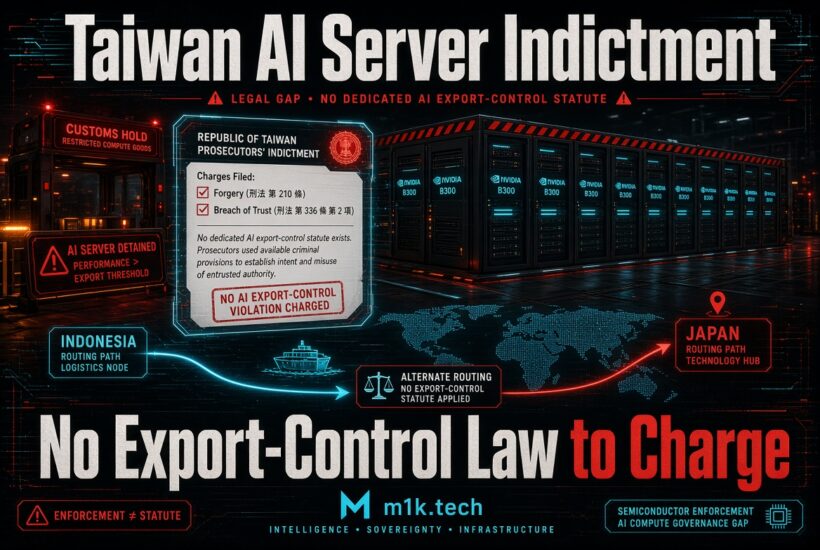Infographic on Taiwan AI server indictment: prosecutors charged forgery and breach of trust since no AI export-control statute exists; shows Nvidia B300 servers, customs hold, routing map via Indonesia to Japan, and title "No Export-Control Law to Charge" from m1k.tech