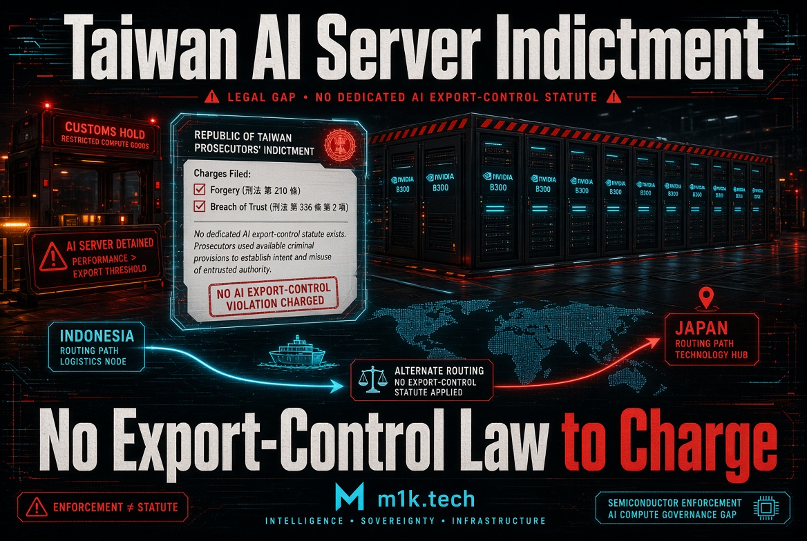 Infographic on Taiwan AI server indictment: prosecutors charged forgery and breach of trust since no AI export-control statute exists; shows Nvidia B300 servers, customs hold, routing map via Indonesia to Japan, and title "No Export-Control Law to Charge" from m1k.tech