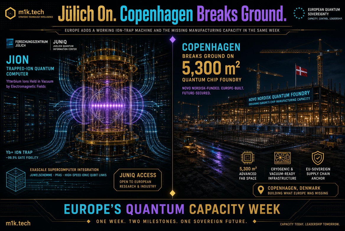 Infographic on Europe's Quantum Capacity Week: Jülich's JION trapped-ion quantum computer with 99.9% gate fidelity and JUNIQ access, alongside Copenhagen's groundbreaking on a 5,300 m² Novo Nordisk-funded quantum chip foundry featuring cryogenic infrastructure and EU-sovereign supply chain