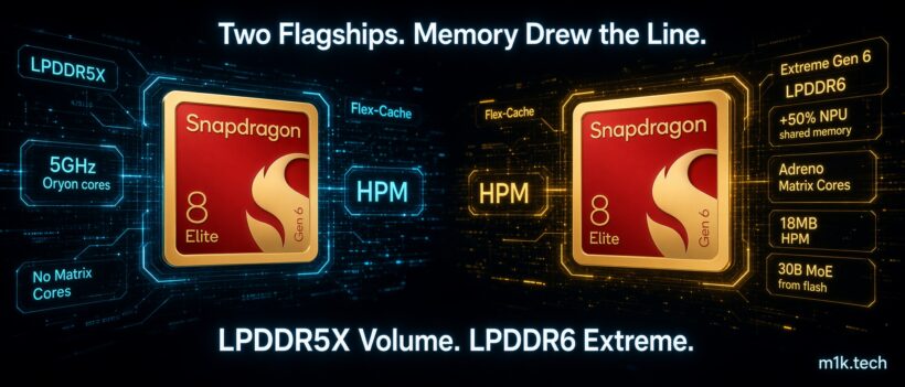 Comparison of two Snapdragon 8 Elite Gen 6 variants: one with LPDDR5X, 5GHz Oryon cores, no Matrix Cores, Flex-Cache and HPM; other with Extreme Gen 6 LPDDR6, +50% NPU shared memory, Adreno Matrix Cores, 18MB HPM, and 30B MoE from flash