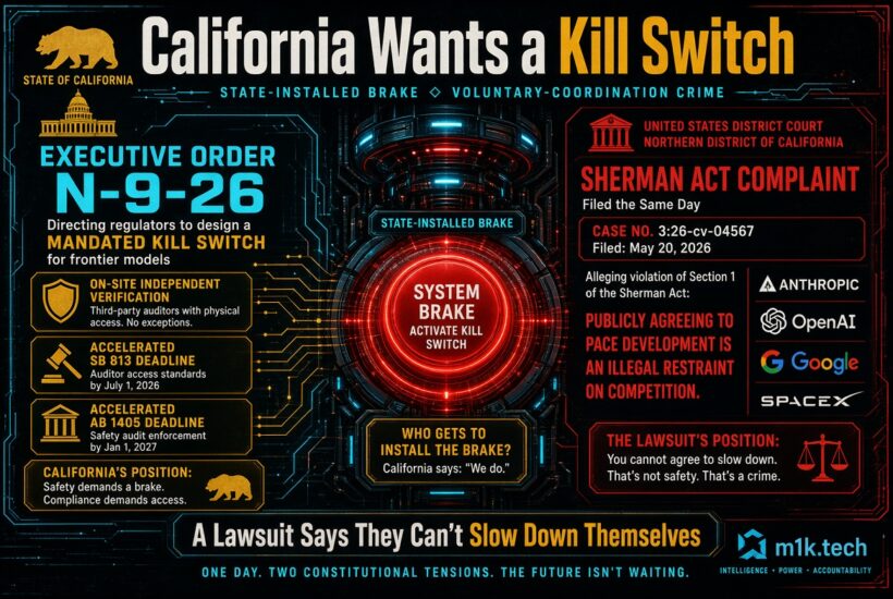 Infographic: California Executive Order N-9-26 mandates a kill switch and independent auditor access for frontier AI models, with accelerated SB 813 and AB 1405 deadlines in 2026-2027. Same day, a Sherman Act antitrust complaint (Case 3:26-cv-04567, N.D. Cal.) was filed against Anthropic, OpenAI, Google, and SpaceX, alleging that publicly agreeing to pace AI development is an illegal restraint on competition. Tagline: A lawsuit says they can't slow down themselves—one day, two constitutional tensions, the future isn't waiting