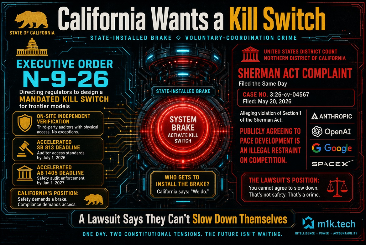 Infographic: California Executive Order N-9-26 mandates a kill switch and independent auditor access for frontier AI models, with accelerated SB 813 and AB 1405 deadlines in 2026-2027. Same day, a Sherman Act antitrust complaint (Case 3:26-cv-04567, N.D. Cal.) was filed against Anthropic, OpenAI, Google, and SpaceX, alleging that publicly agreeing to pace AI development is an illegal restraint on competition. Tagline: A lawsuit says they can't slow down themselves—one day, two constitutional tensions, the future isn't waiting