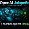 Infographic comparing OpenAI Jalapeno custom inference ASIC to Nvidia Blackwell: 32.7x higher tokens per watt and 117.6x higher inference throughput than Blackwell, which is labeled baseline efficiency, lower efficiency, higher power, and built for generalization not inference