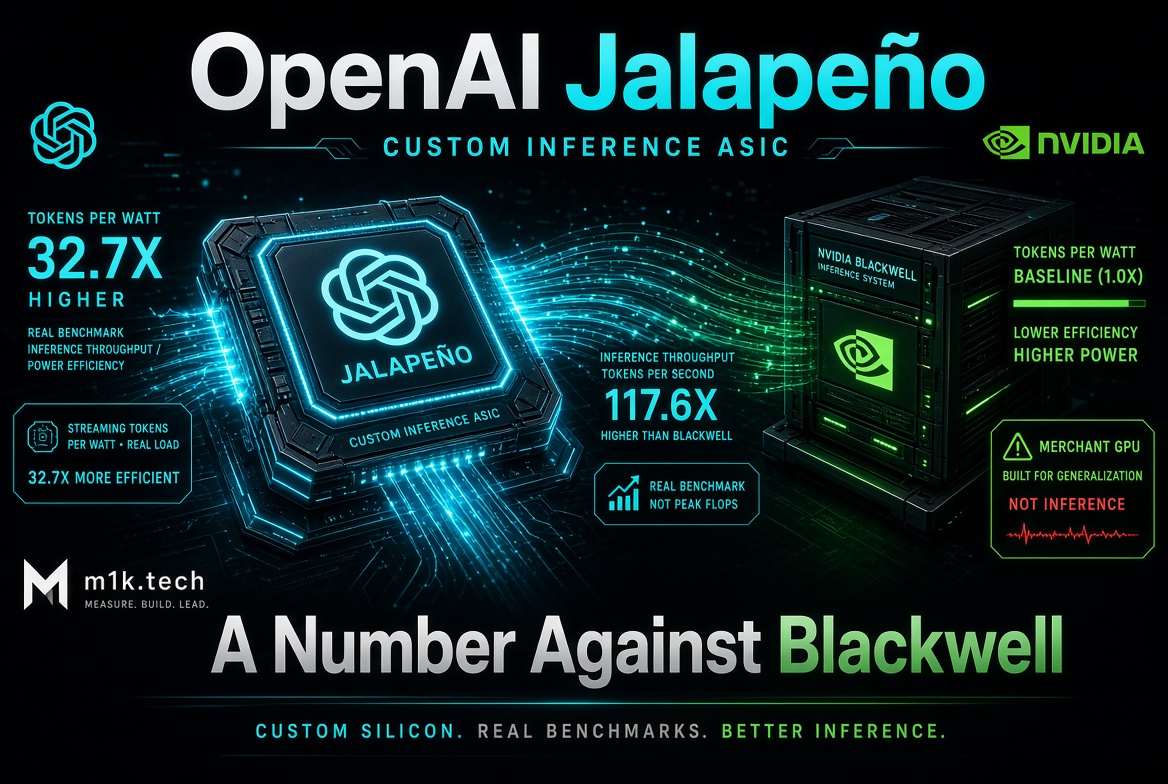 Infographic comparing OpenAI Jalapeno custom inference ASIC to Nvidia Blackwell: 32.7x higher tokens per watt and 117.6x higher inference throughput than Blackwell, which is labeled baseline efficiency, lower efficiency, higher power, and built for generalization not inference